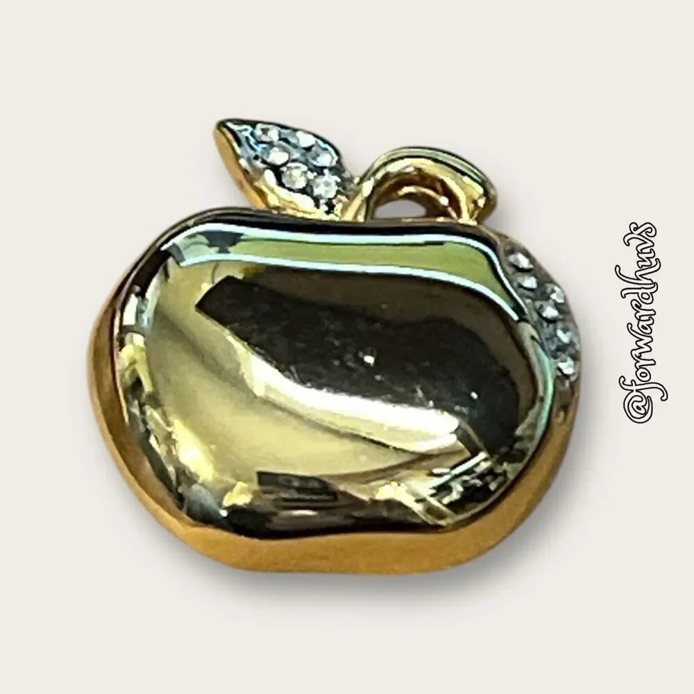 Gold Tone Apple Brooch With Rhinestone Embellishment